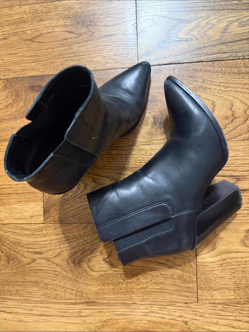 AllSaints Black Leather Pointed Ankle Booties with Block Heel
